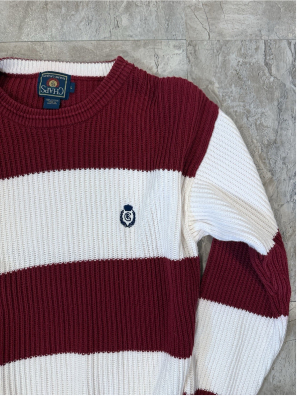 VTG 90s Chaps Ralph Lauren Sweater Large Striped Cotton Ribbed Crewneck Logo